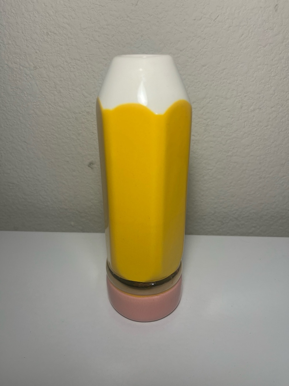 Ceramic Pencil Shaped Vase Yellow Pink White Gold Accent Teacher Gift Decor 7”